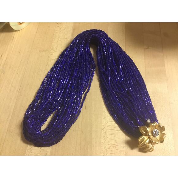 Valjean Vintage Iridescent Cobalt Blue Micro seed bead multistrand long necklace - Picture 4 of 10